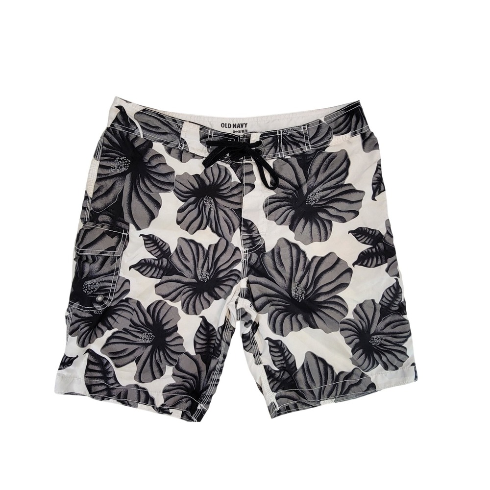 Old Navy Men's Floral Swim Trunks Board Shorts Black White Hibiscus Size M